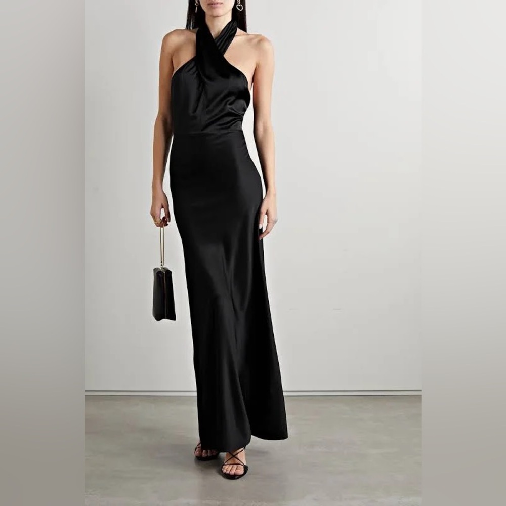 Veronica Beard Black Satin Halter Maxi Dress